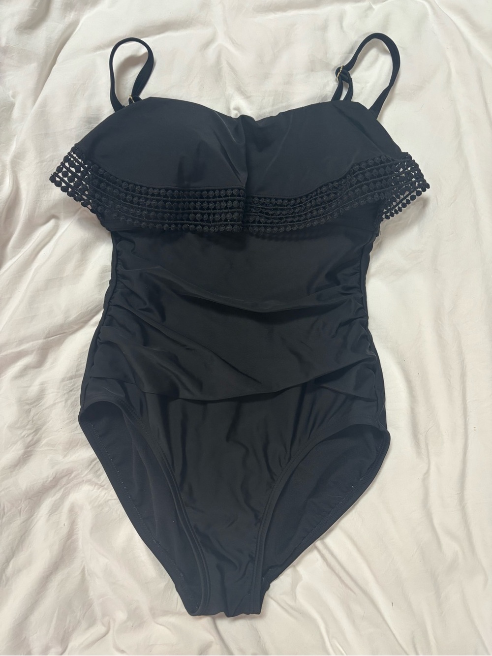 Classic Black Womens' One-Piece Swimsuit with Crochet Trim